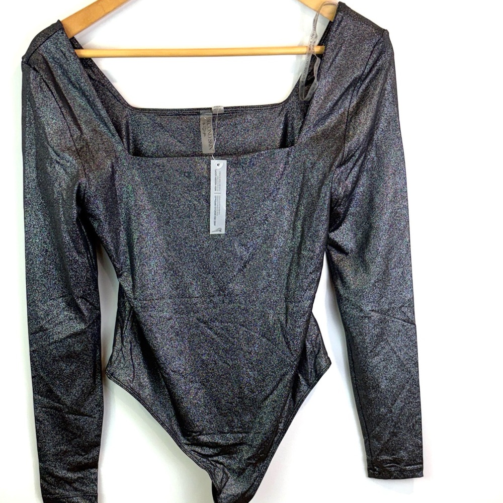 Nwt Second Skin Metallic Black Long-Sleeve Square Neck Bodysuit Size L
